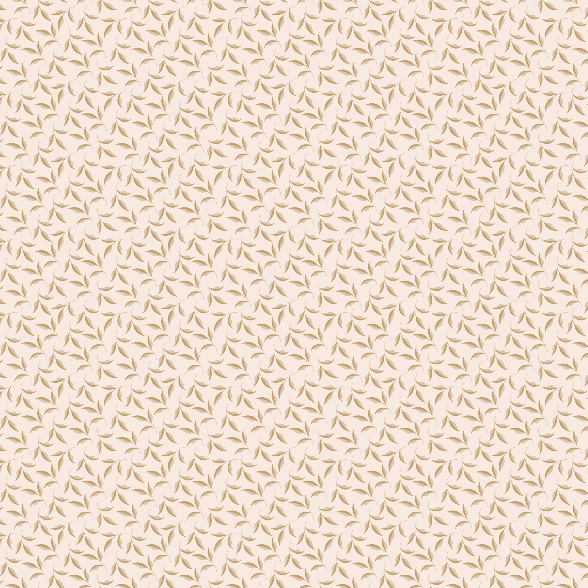 Evergreen Latte fabric with ochre and soft taupe leaves on curling stems across a creamy background.