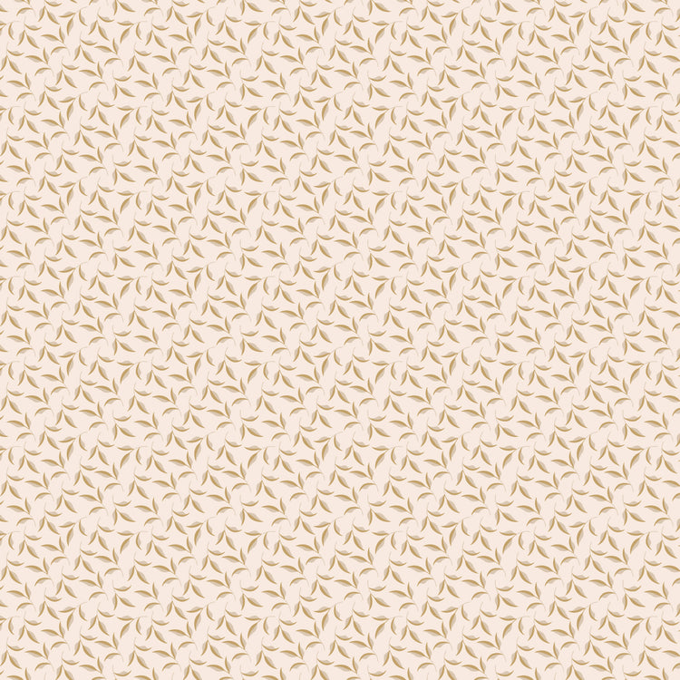 Evergreen Latte fabric with ochre and soft taupe leaves on curling stems across a creamy background.
