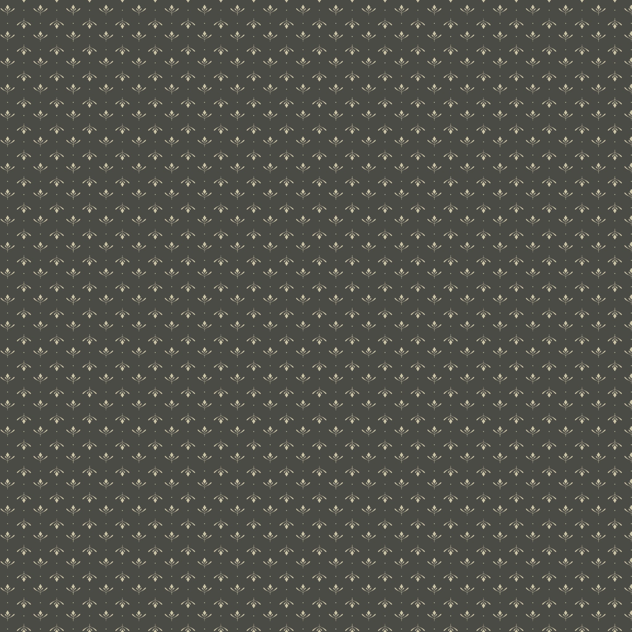 Lottie Gray fabric with tiny cream leaf sprigs and dots in alternating rows on a dark warm gray background.