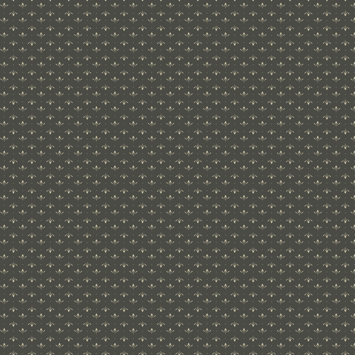 Lottie Gray fabric with tiny cream leaf sprigs and dots in alternating rows on a dark warm gray background.