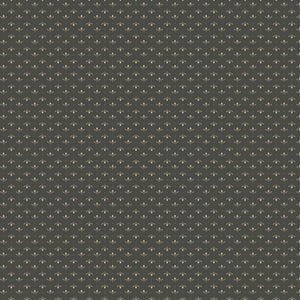 Lottie Gray fabric with tiny cream leaf sprigs and dots in alternating rows on a dark warm gray background.