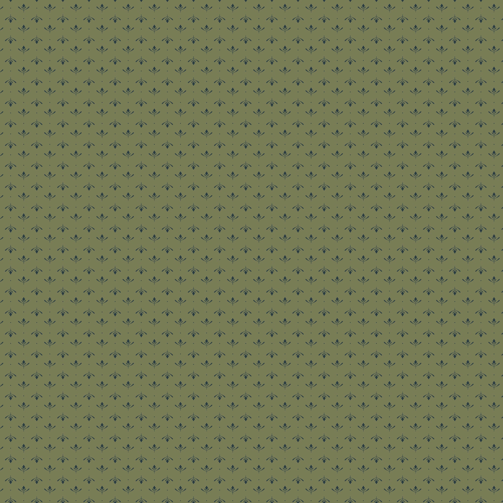 Lottie Green fabric with tiny slate-blue leaf sprigs and dots arranged in rows on muted olive green.
