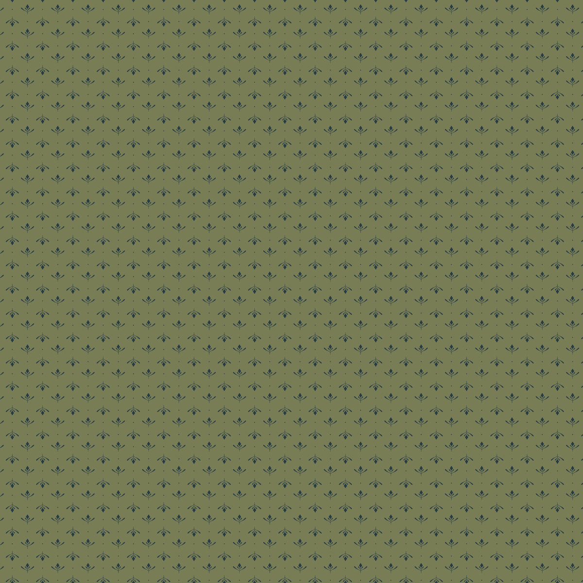 Lottie Green fabric with tiny slate-blue leaf sprigs and dots arranged in rows on muted olive green.