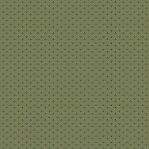 Lottie Green fabric with tiny slate-blue leaf sprigs and dots arranged in rows on muted olive green.