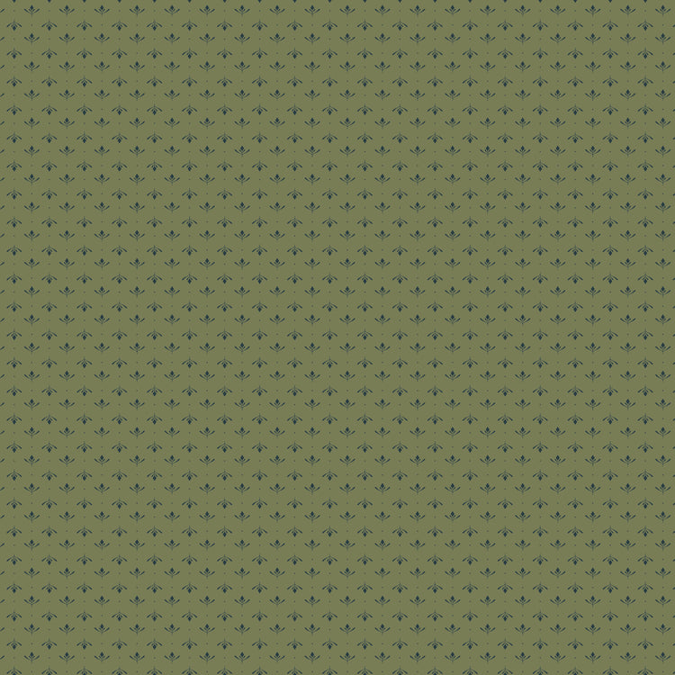 Lottie Green fabric with tiny slate-blue leaf sprigs and dots arranged in rows on muted olive green.