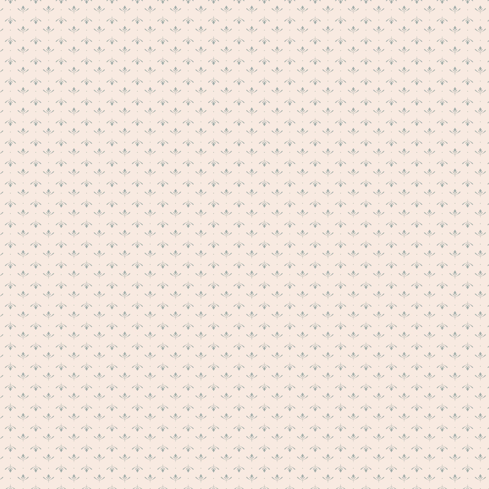 Lottie Latte fabric with tiny blue-gray leaf sprigs and dots in alternating rows on creamy ivory.