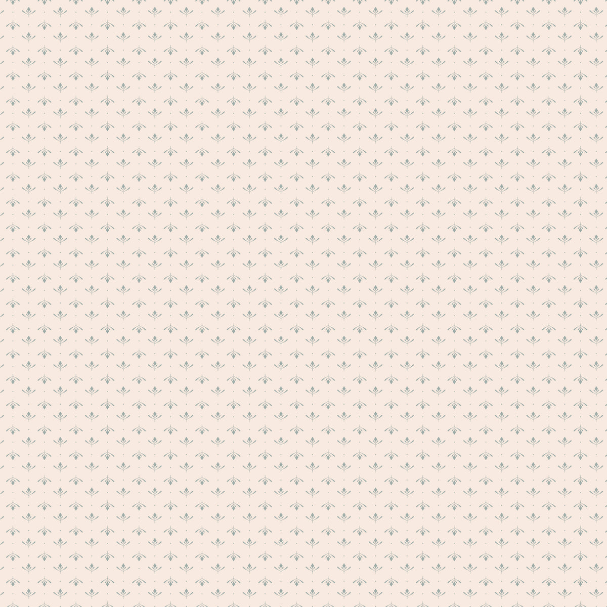 Lottie Latte fabric with tiny blue-gray leaf sprigs and dots in alternating rows on creamy ivory.