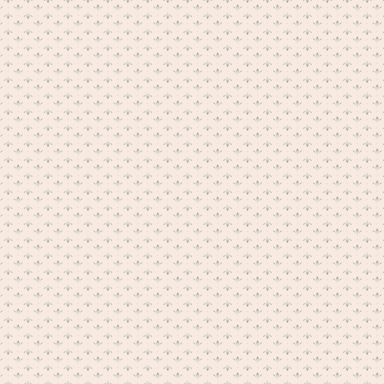 Lottie Latte fabric with tiny blue-gray leaf sprigs and dots in alternating rows on creamy ivory.