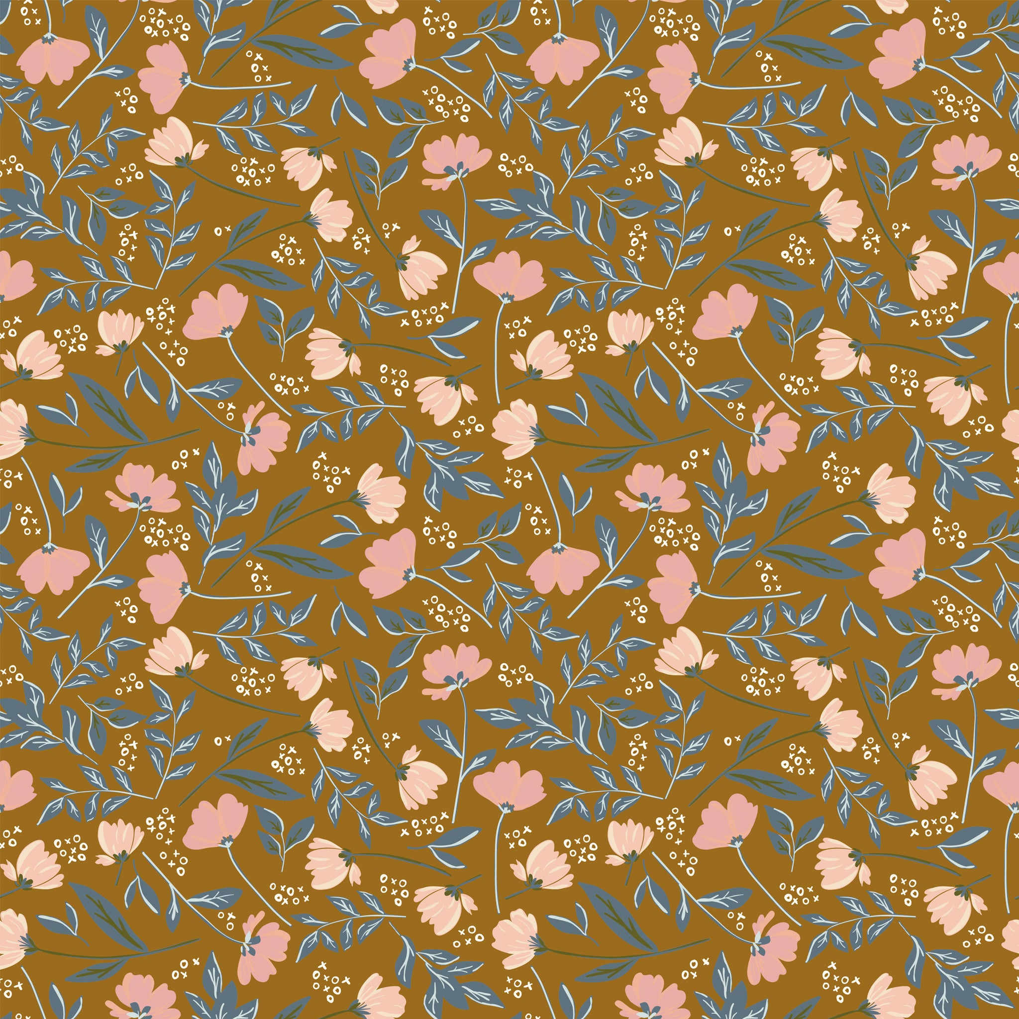 Main Butterscotch floral fabric with pink and peach blossoms, dusty blue leaves, and a warm golden background.