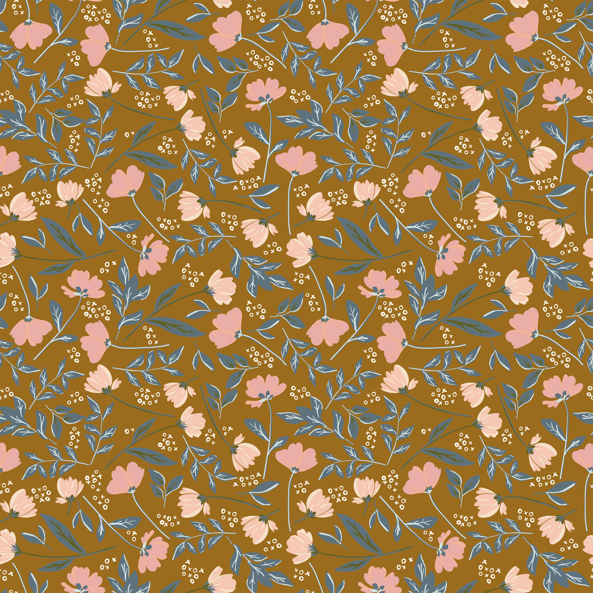 Main Butterscotch floral fabric with pink and peach blossoms, dusty blue leaves, and a warm golden background.