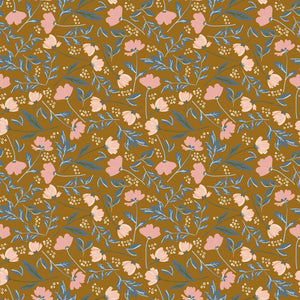 Main Butterscotch floral fabric with pink and peach blossoms, dusty blue leaves, and a warm golden background.
