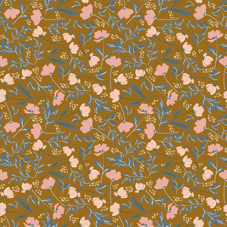 Main Butterscotch floral fabric with pink and peach blossoms, dusty blue leaves, and a warm golden background.