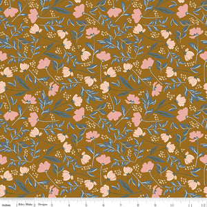 Main Butterscotch floral fabric with pink and peach blossoms, dusty blue leaves, and a warm golden background with ruler for scale.