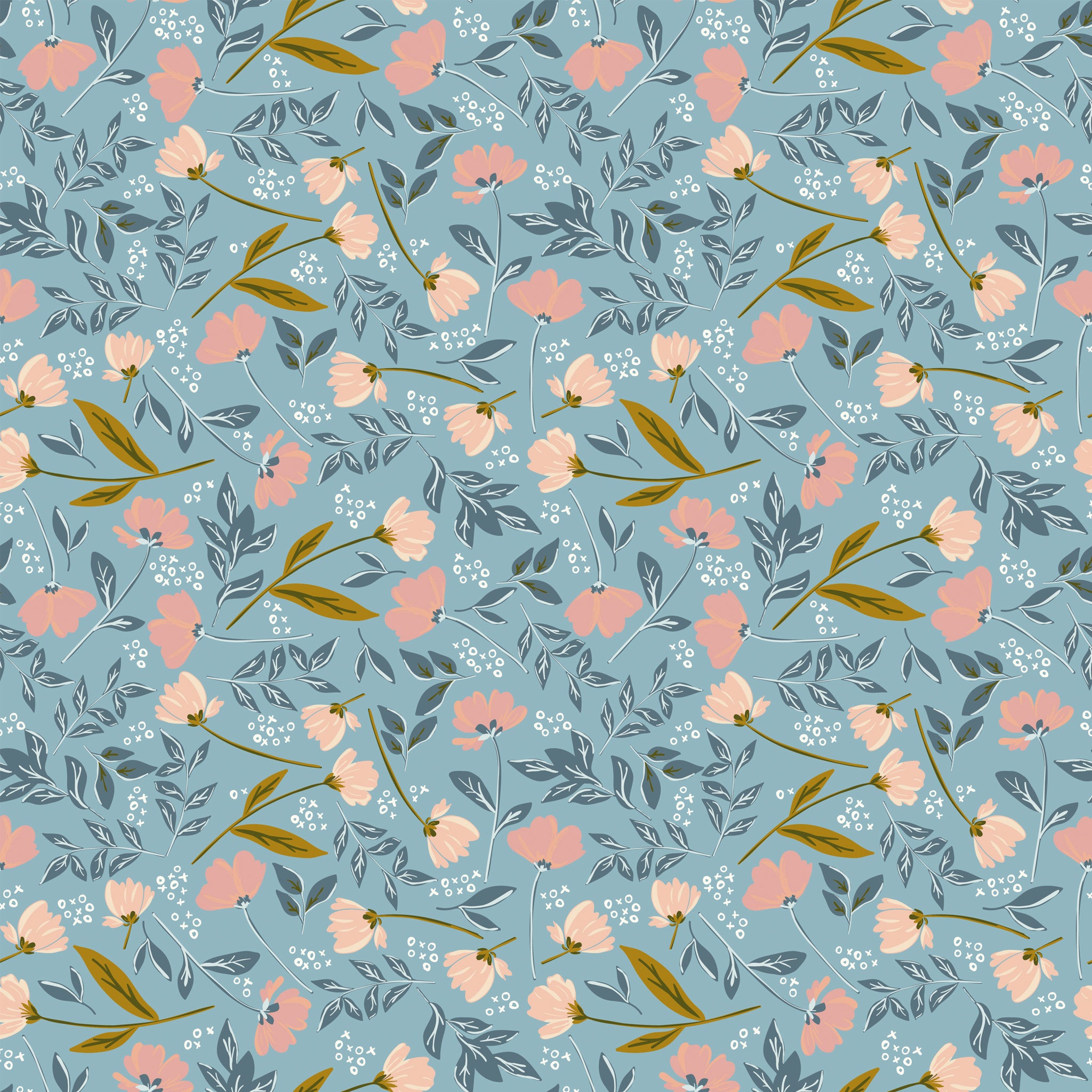 Main Dream floral fabric featuring soft pink and peach flowers, slate-blue foliage, and golden stems on a muted blue background.