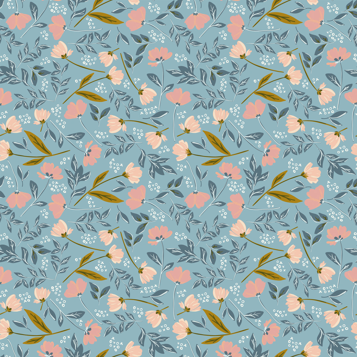 Main Dream floral fabric featuring soft pink and peach flowers, slate-blue foliage, and golden stems on a muted blue background.