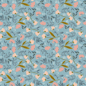Main Dream floral fabric featuring soft pink and peach flowers, slate-blue foliage, and golden stems on a muted blue background.