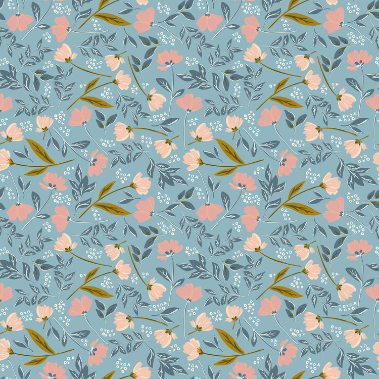 Main Dream floral fabric featuring soft pink and peach flowers, slate-blue foliage, and golden stems on a muted blue background.