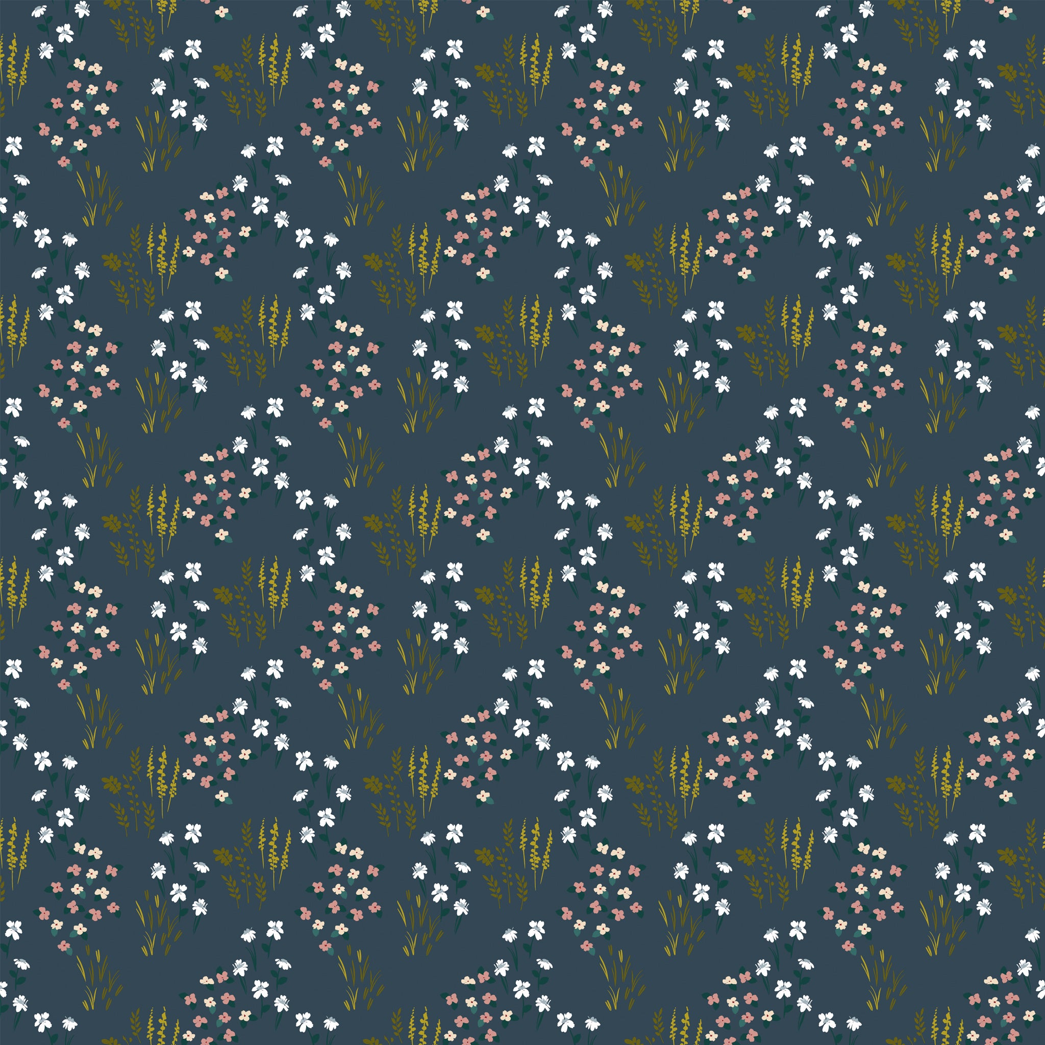 Meadow Blue fabric with white and blush flowers, green leaves, and golden grasses on dark slate blue.