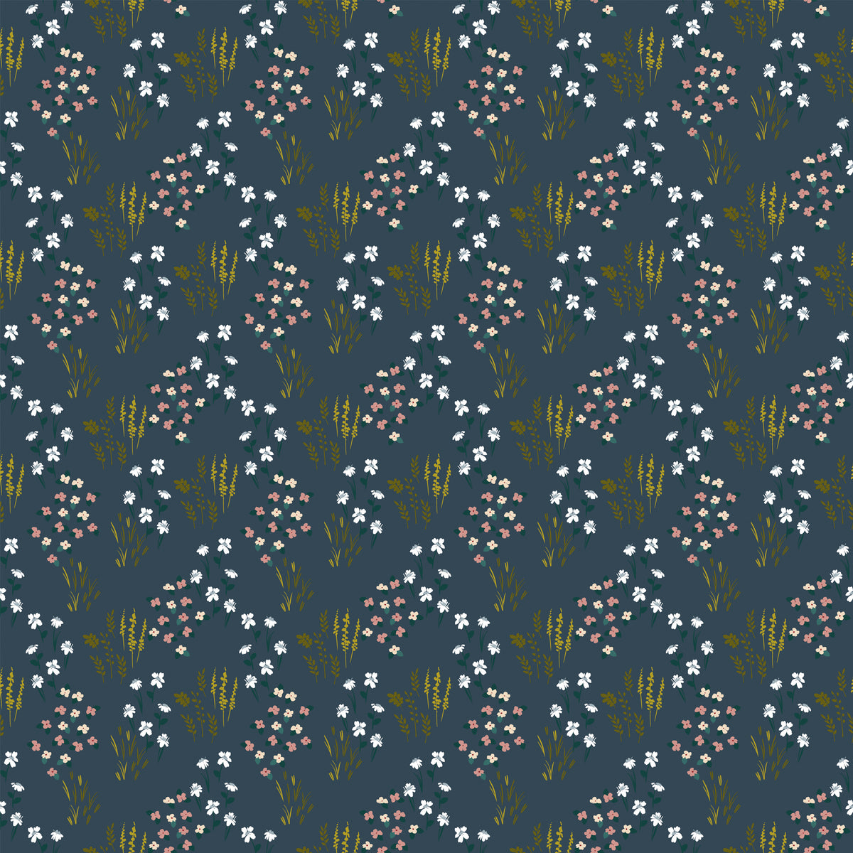 Meadow Blue fabric with white and blush flowers, green leaves, and golden grasses on dark slate blue.