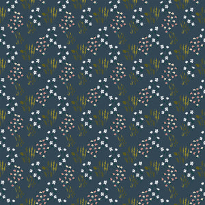 Meadow Blue fabric with white and blush flowers, green leaves, and golden grasses on dark slate blue.
