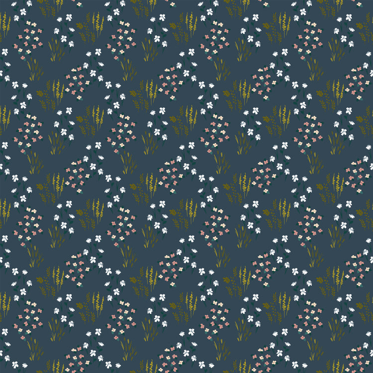 Meadow Blue fabric with white and blush flowers, green leaves, and golden grasses on dark slate blue.