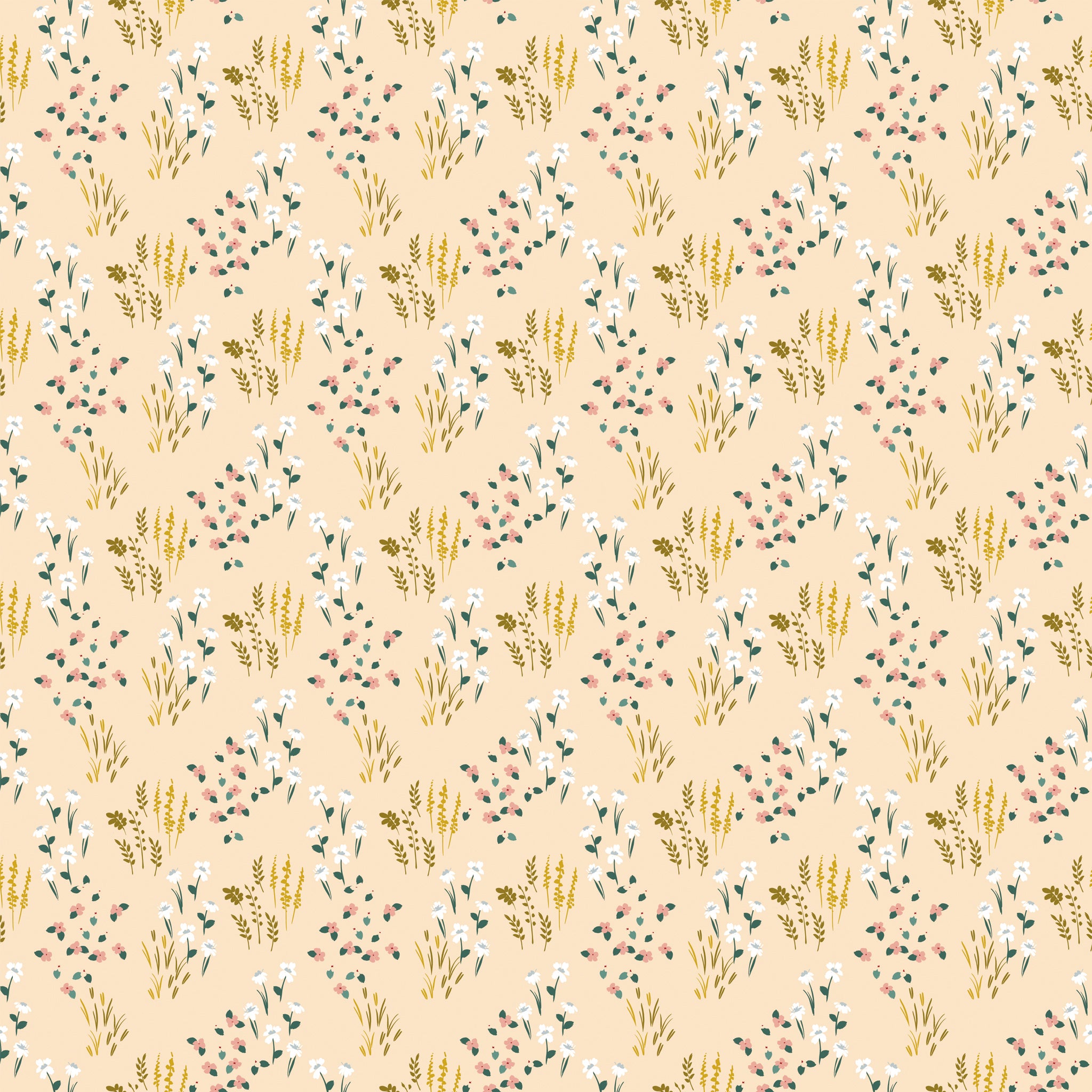 Meadow Blush fabric with white and pink wildflowers, green leaves, and golden sprigs on pale peach.