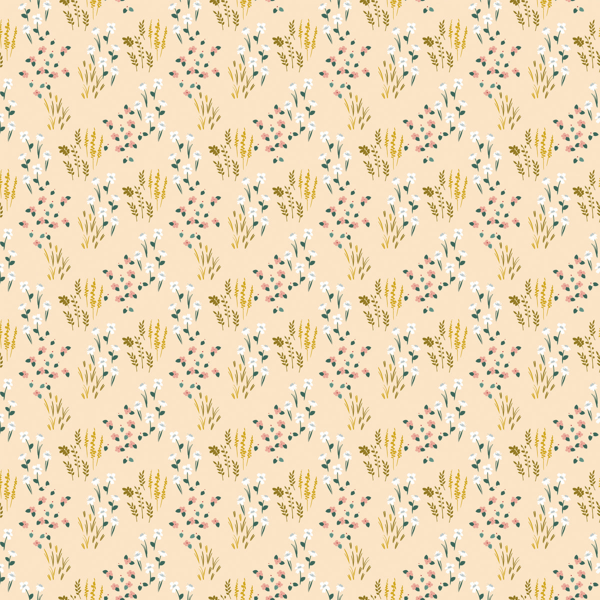 Meadow Blush fabric with white and pink wildflowers, green leaves, and golden sprigs on pale peach.