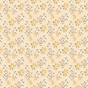 Meadow Blush fabric with white and pink wildflowers, green leaves, and golden sprigs on pale peach.