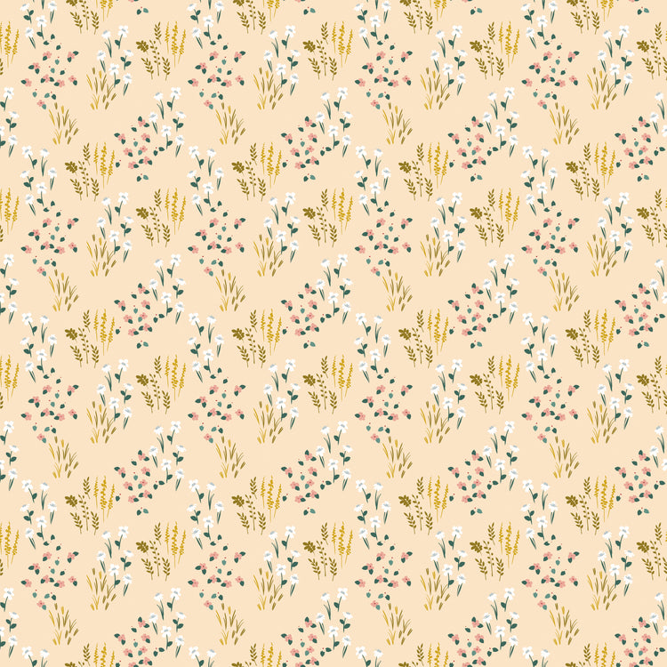 Meadow Blush fabric with white and pink wildflowers, green leaves, and golden sprigs on pale peach.