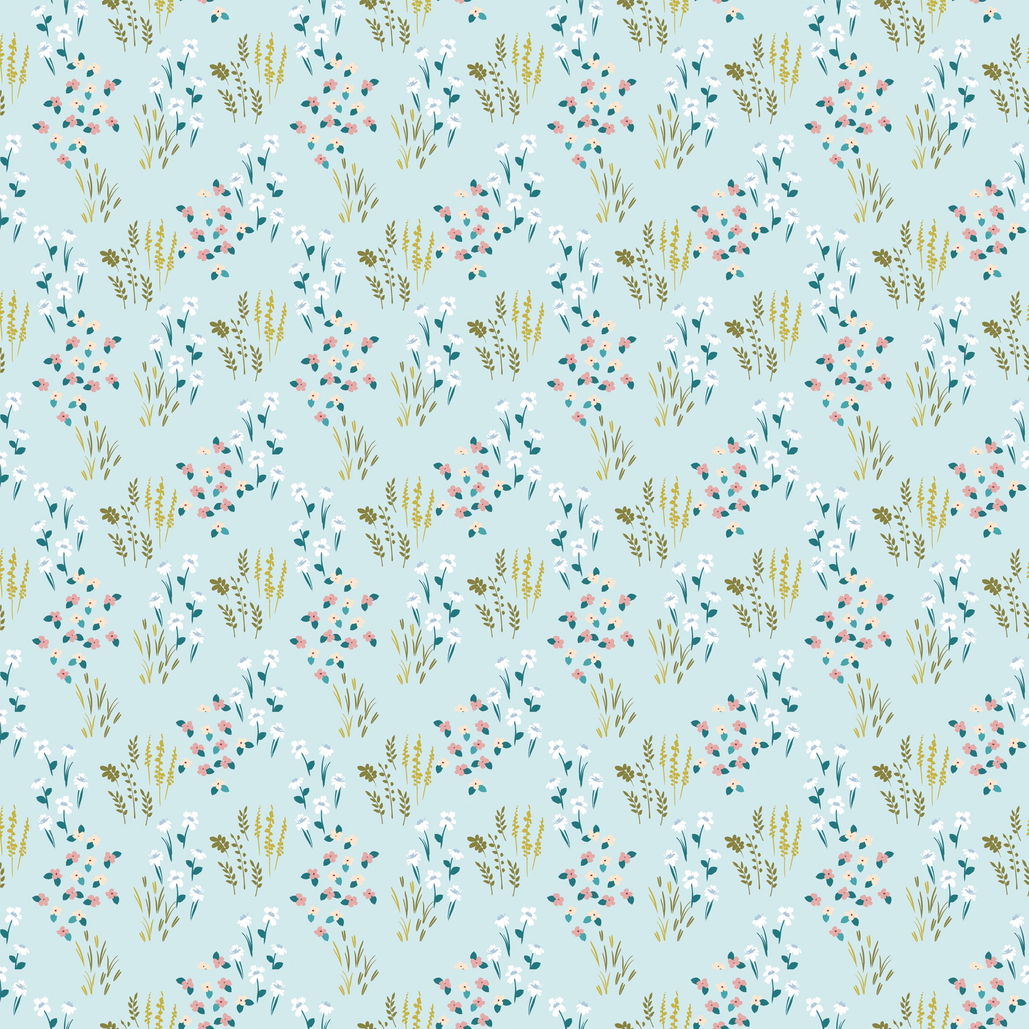 Meadow Powder fabric with white, pink, and cream flowers, teal leaves, and golden grasses on light blue.