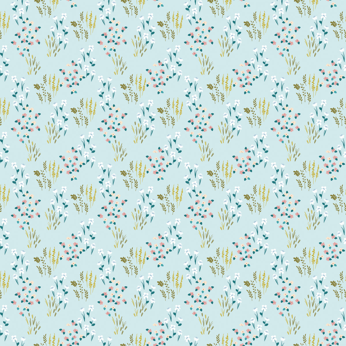 Meadow Powder fabric with white, pink, and cream flowers, teal leaves, and golden grasses on light blue.