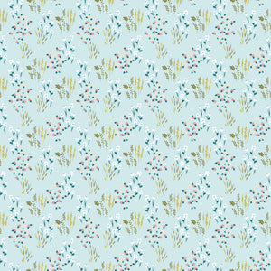 Meadow Powder fabric with white, pink, and cream flowers, teal leaves, and golden grasses on light blue.