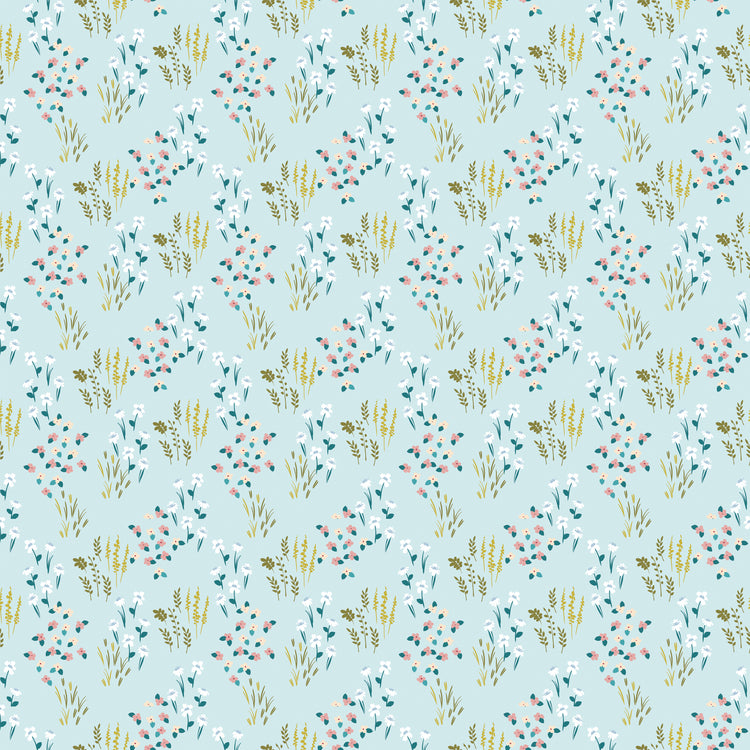 Meadow Powder fabric with white, pink, and cream flowers, teal leaves, and golden grasses on light blue.