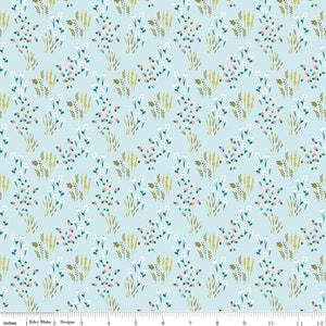 Meadow Powder fabric with white, pink, and cream flowers, teal leaves, and golden grasses on light blue with ruler for scale.