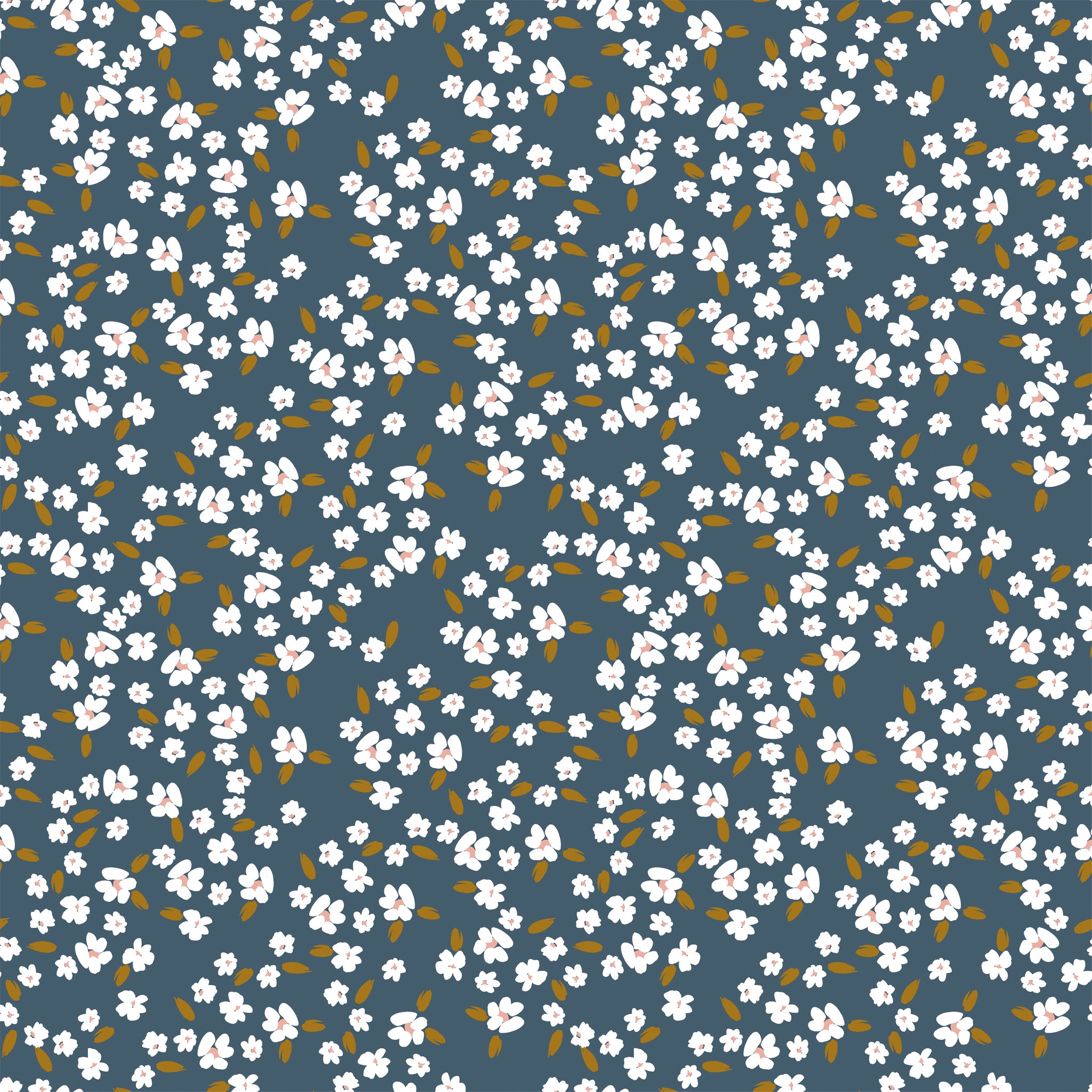 Blossoms Blue fabric with white flowers, blush centers, and ochre leaves on a deep slate-blue background.