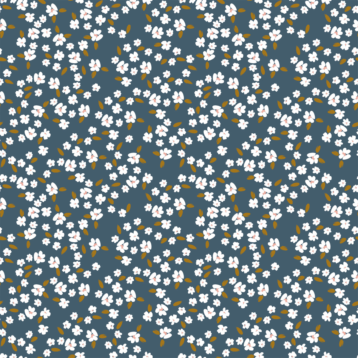 Blossoms Blue fabric with white flowers, blush centers, and ochre leaves on a deep slate-blue background.