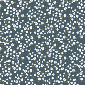 Blossoms Blue fabric with white flowers, blush centers, and ochre leaves on a deep slate-blue background.