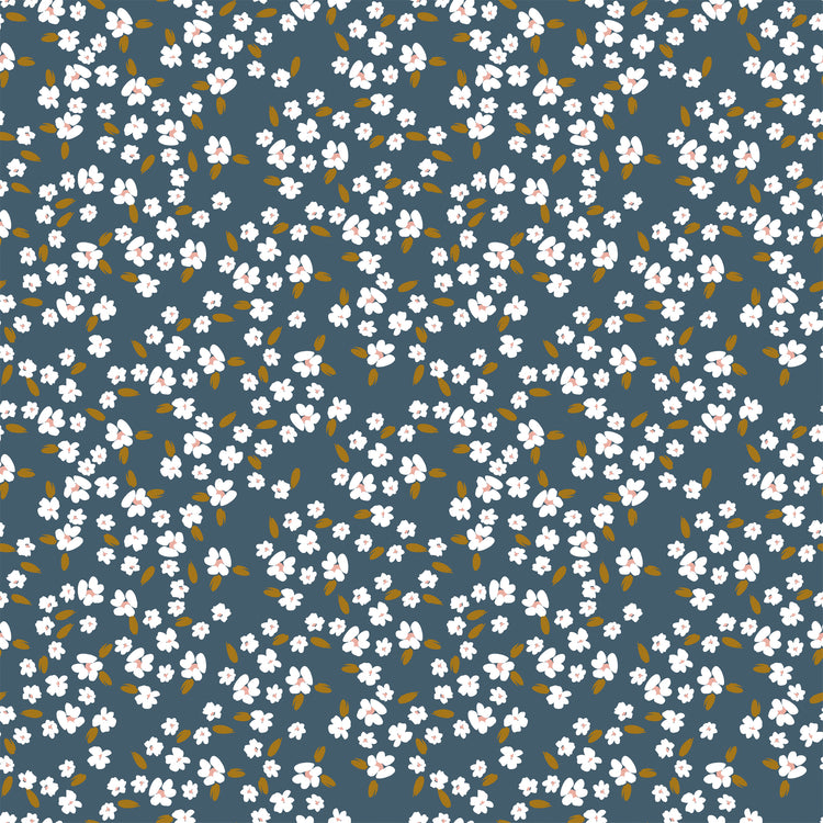 Blossoms Blue fabric with white flowers, blush centers, and ochre leaves on a deep slate-blue background.