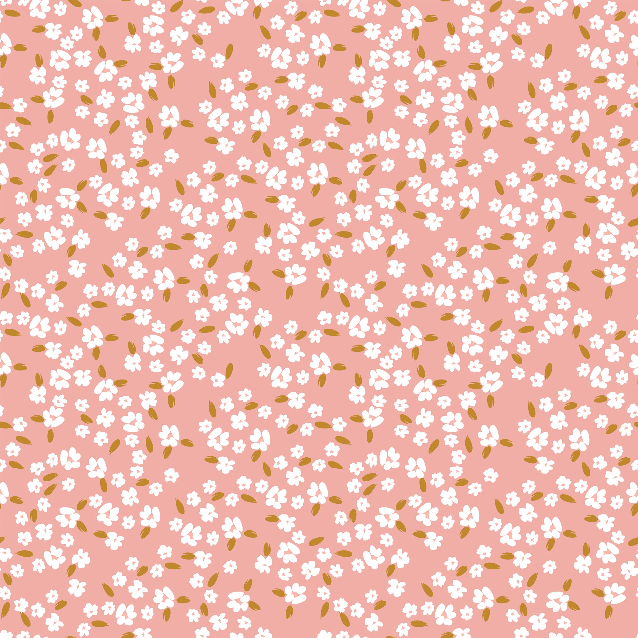Blossoms Coral fabric with scattered white flowers and golden ochre leaves on a coral-pink background.