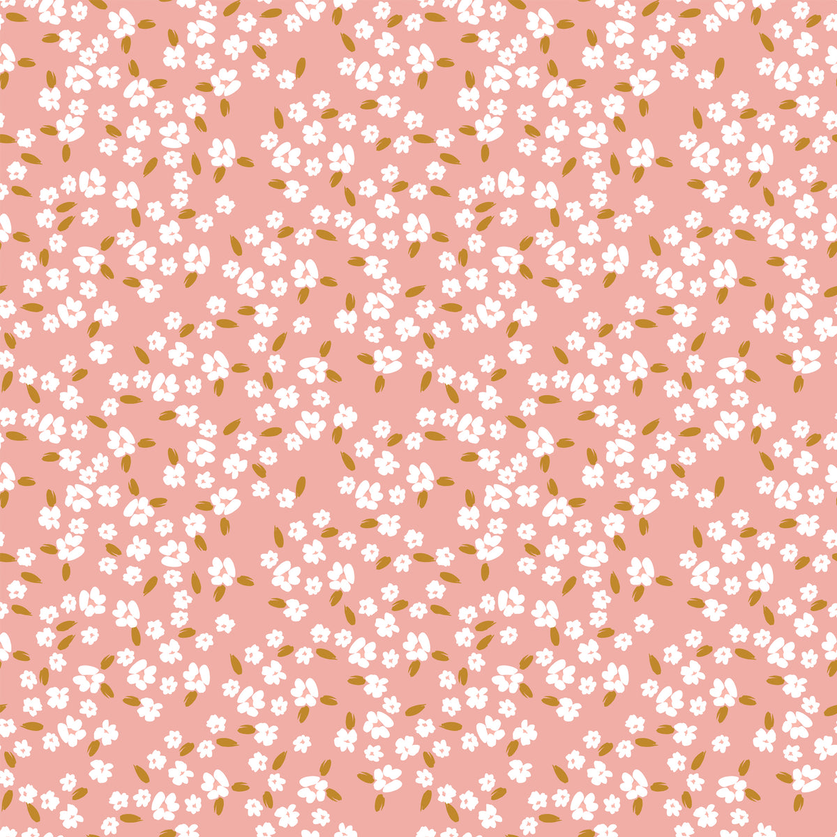 Blossoms Coral fabric with scattered white flowers and golden ochre leaves on a coral-pink background.