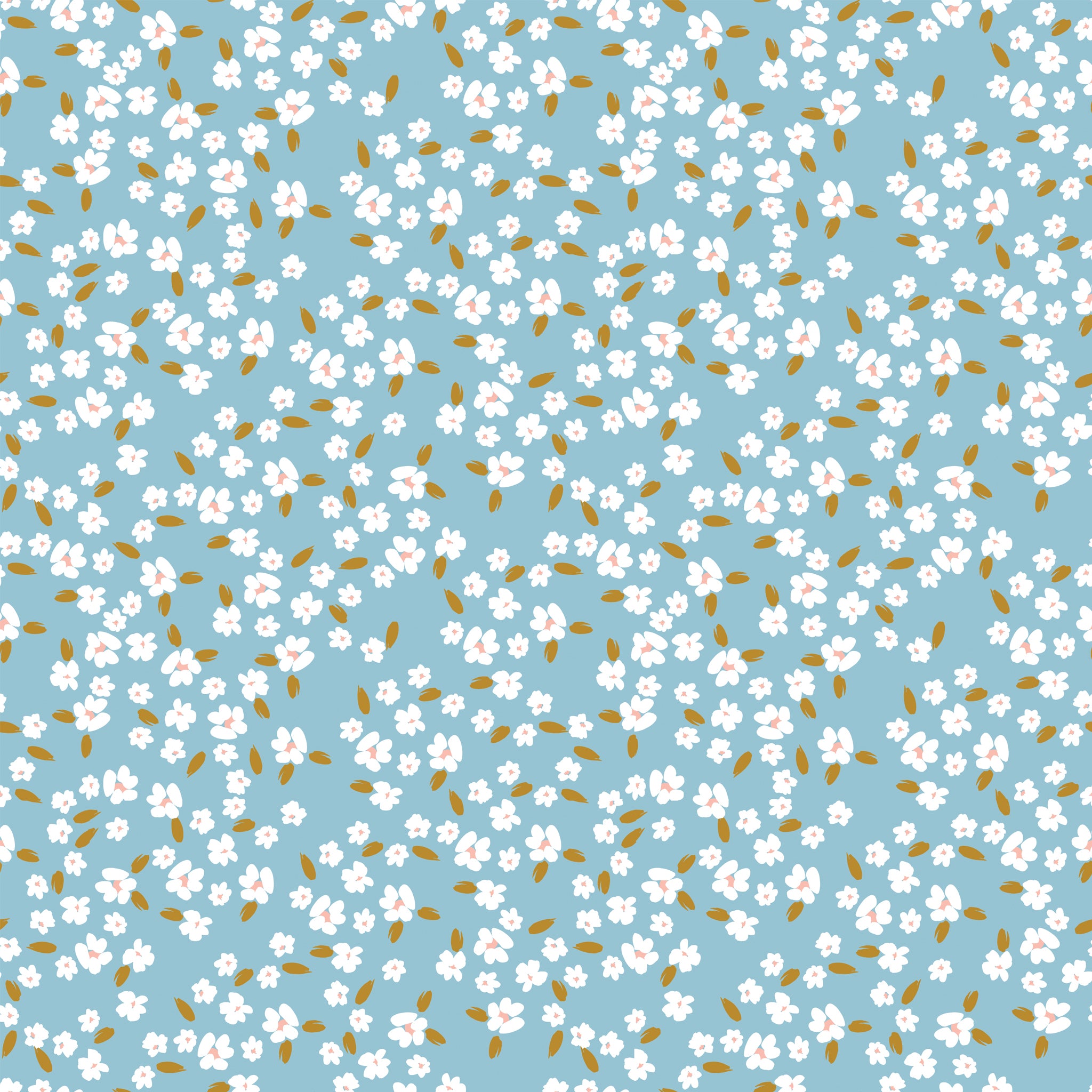 Blossoms Dream fabric with white flowers, pale pink centers, and golden leaves on a light blue background.