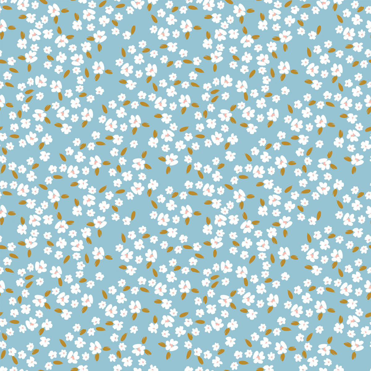 Blossoms Dream fabric with white flowers, pale pink centers, and golden leaves on a light blue background.