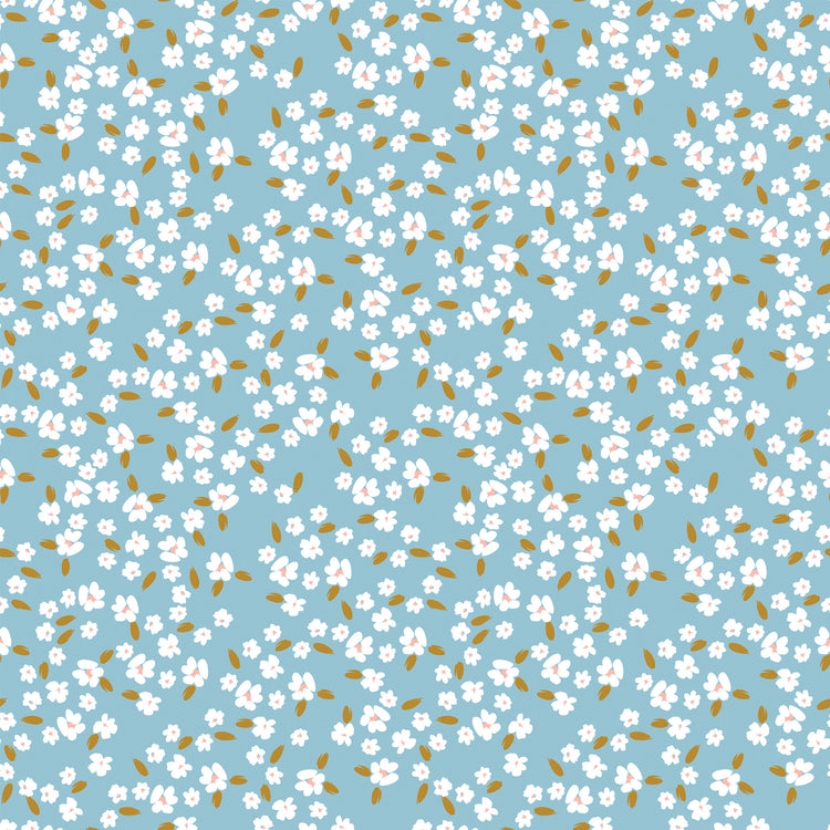 Blossoms Dream fabric with white flowers, pale pink centers, and golden leaves on a light blue background.