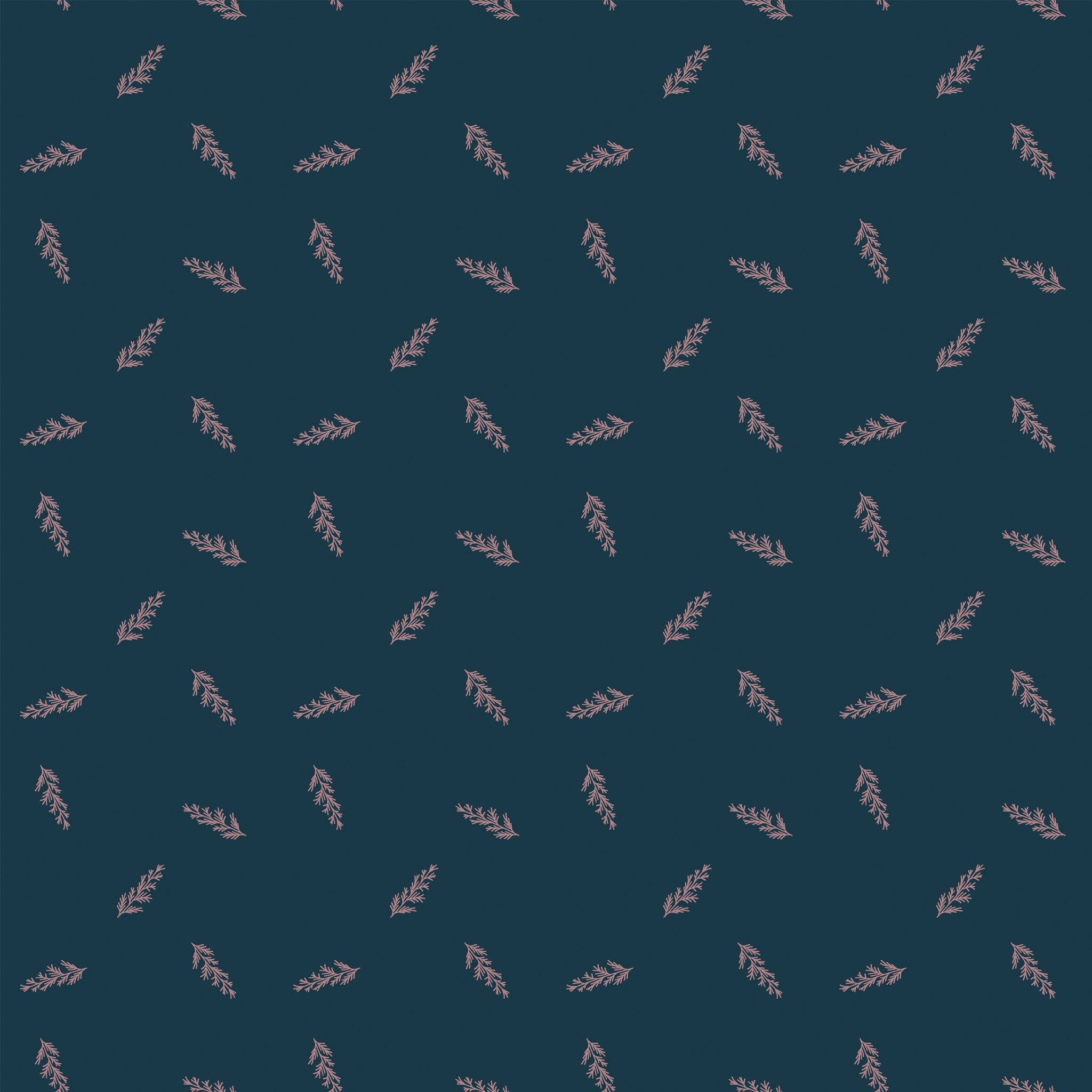 Toss Blue fabric with delicate dusty pink leafy sprigs scattered on a deep teal-blue background.