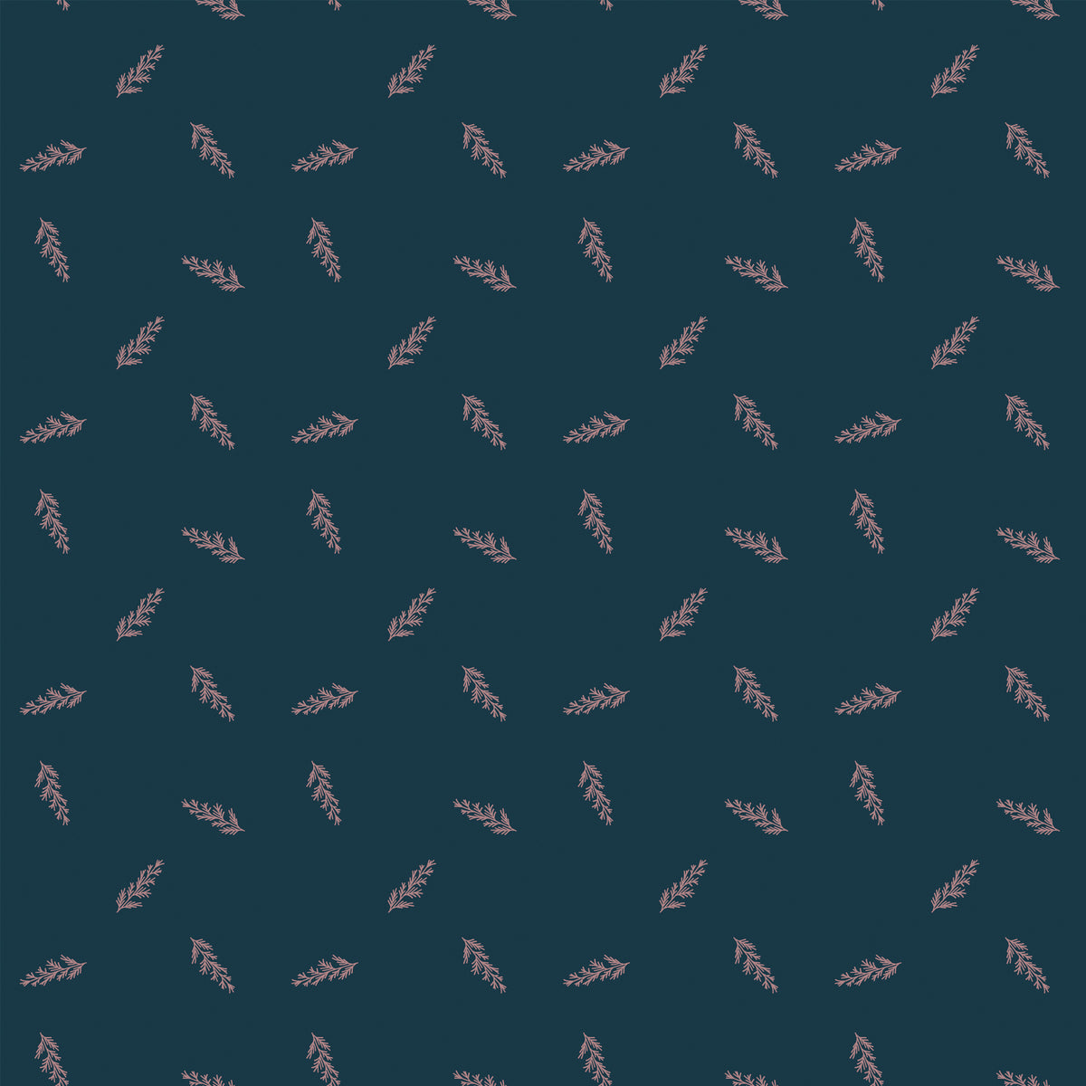 Toss Blue fabric with delicate dusty pink leafy sprigs scattered on a deep teal-blue background.