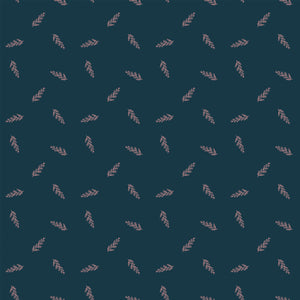 Toss Blue fabric with delicate dusty pink leafy sprigs scattered on a deep teal-blue background.