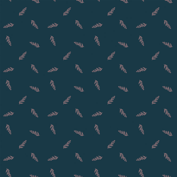 Toss Blue fabric with delicate dusty pink leafy sprigs scattered on a deep teal-blue background.