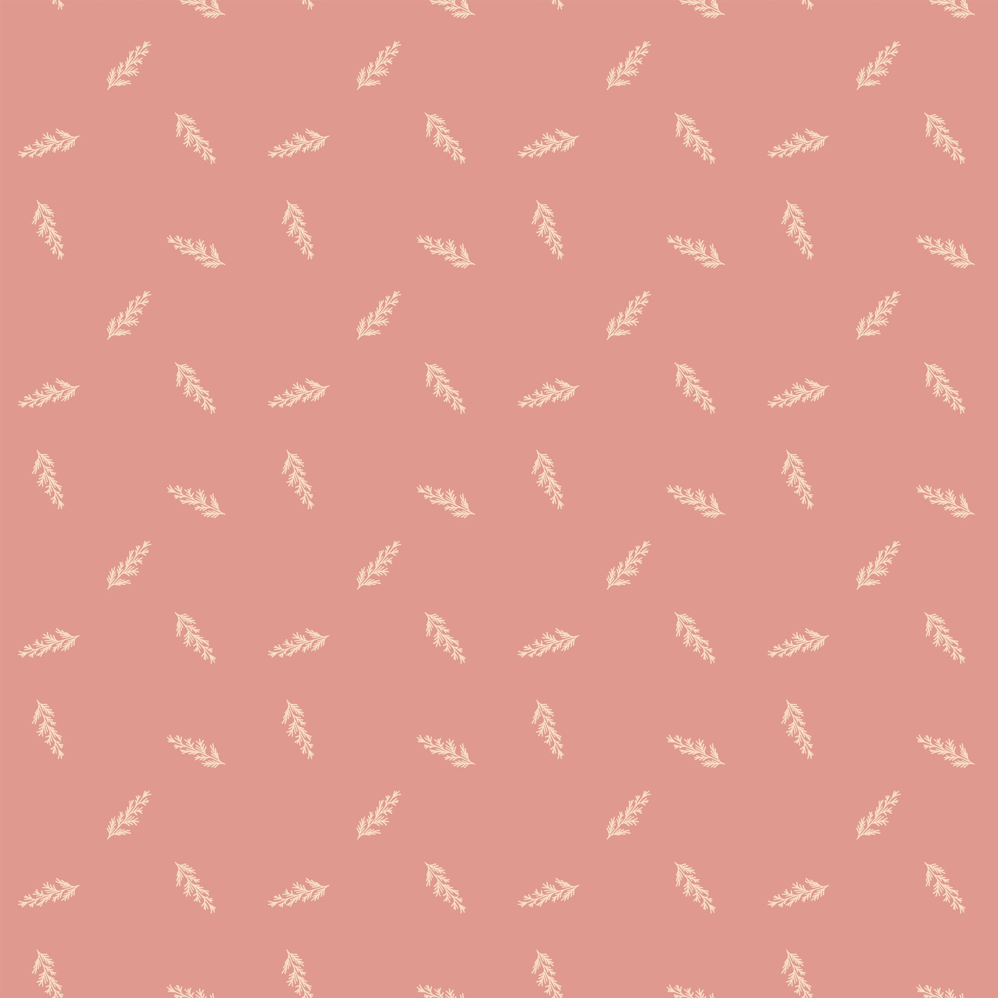 Toss Coral fabric with small cream leafy sprigs tossed across a muted coral-pink background.