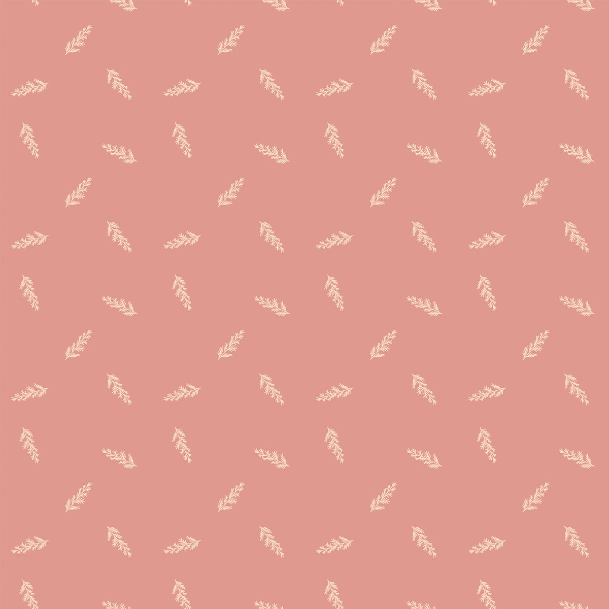 Toss Coral fabric with small cream leafy sprigs tossed across a muted coral-pink background.