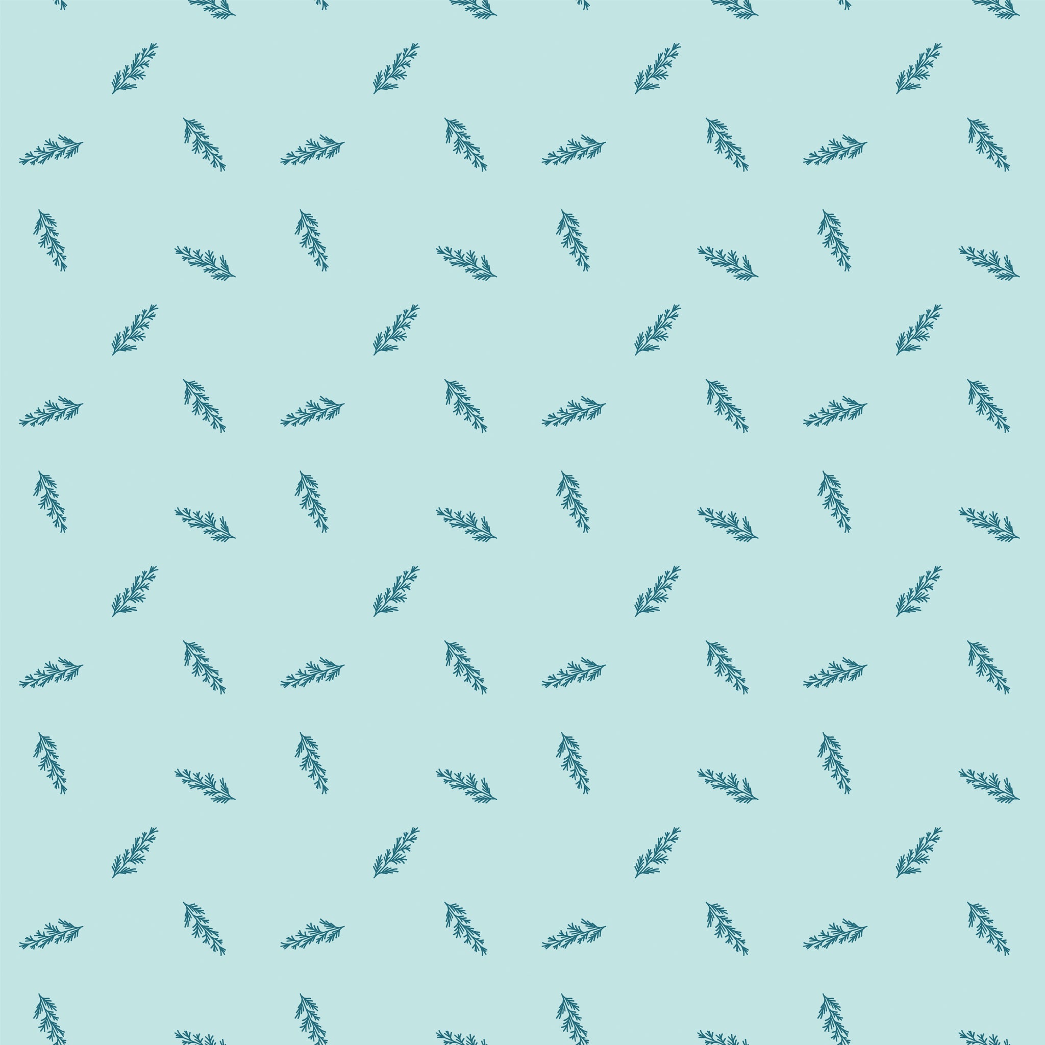 Toss Powder fabric with dark teal leafy sprigs scattered across a pale aqua background.